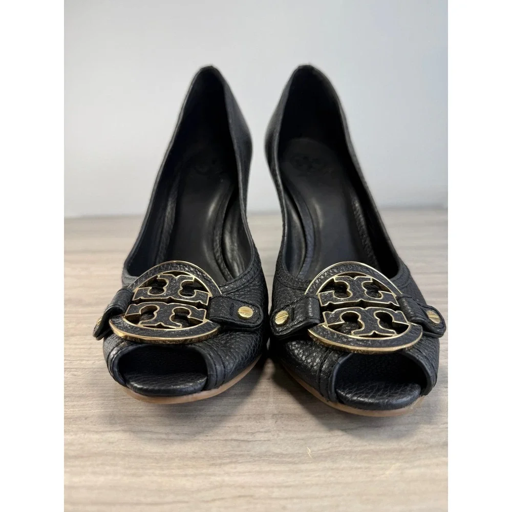 Tory Burch Amanda Black Pebbled Leather Peep Toe Wedge Pumps Women's 11